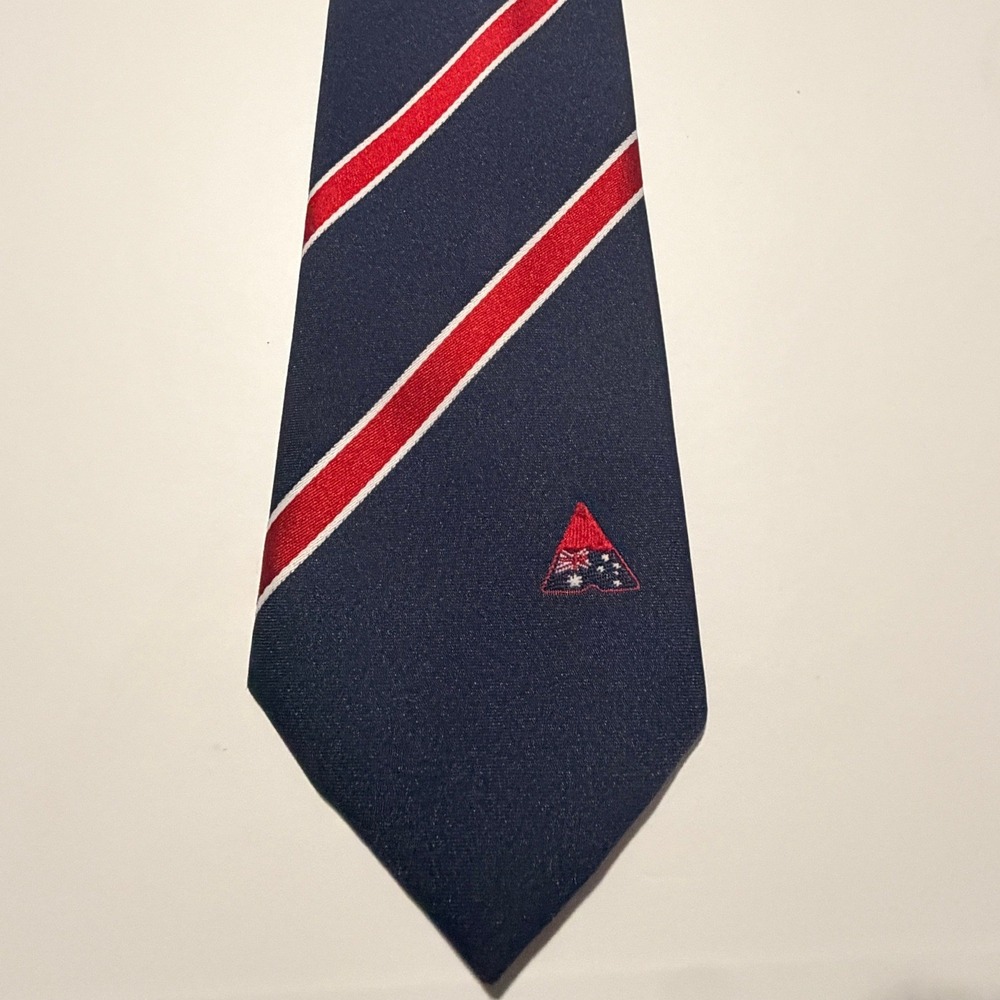 Austico Necktie Navy Blue Red Striped Australian Flag Crest Preppy Tie